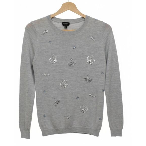 Talbots Sweaters - Talbots womens small crown rhinestone crewneck sweater Merino Wool gray